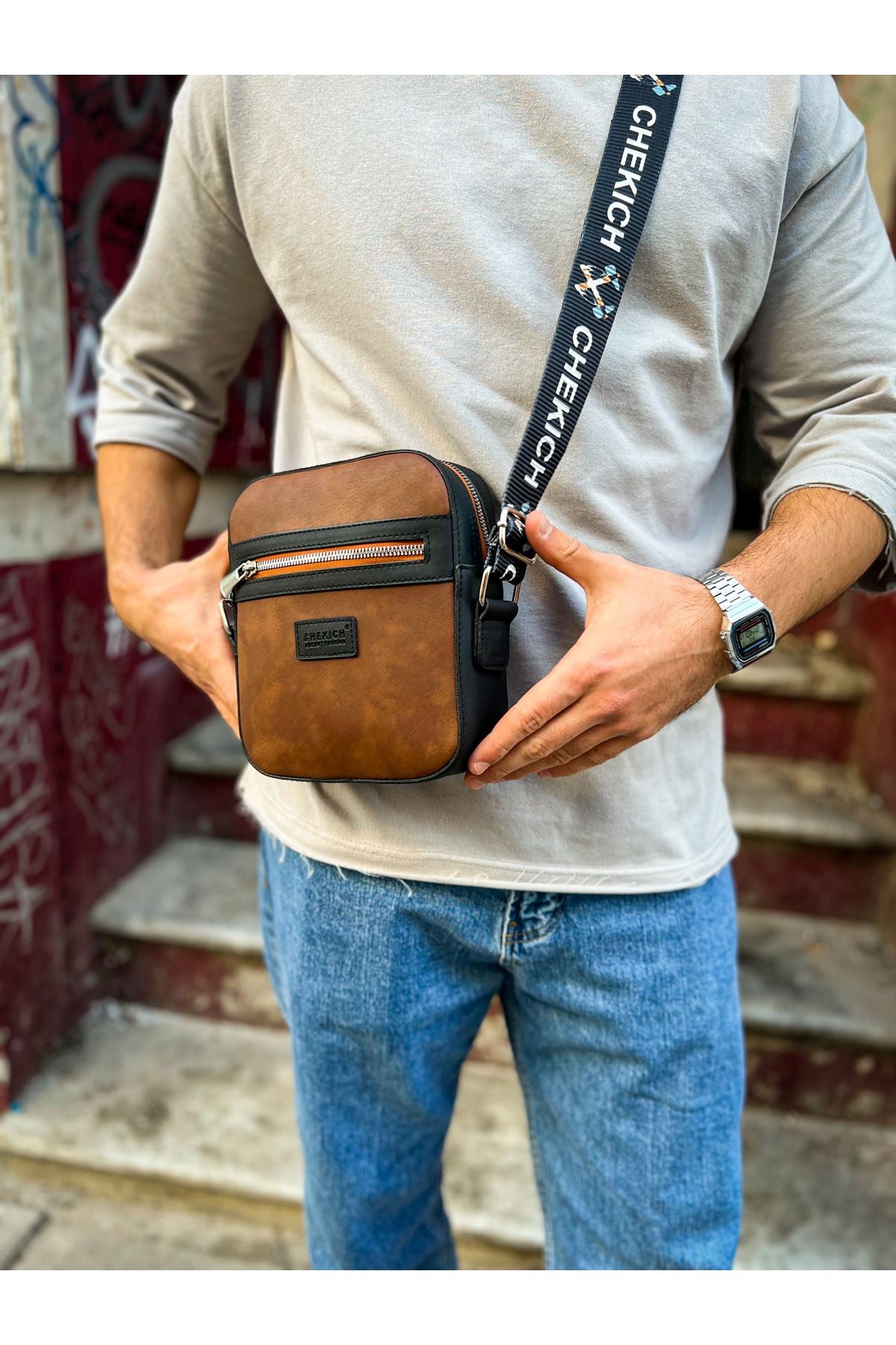 CH102 Stealht Kare Erkek Çanta Black/Tan